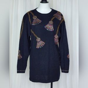 Vintage black knit wool beaded rhinestone novelty Christmas Xmas tunic sweater M